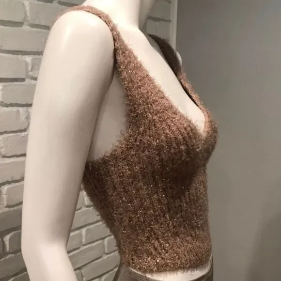 FUZZY BEIGE & TAN CROPPED GOLD METALLIC TANK SWEATER NWT - Picture 8 of 11